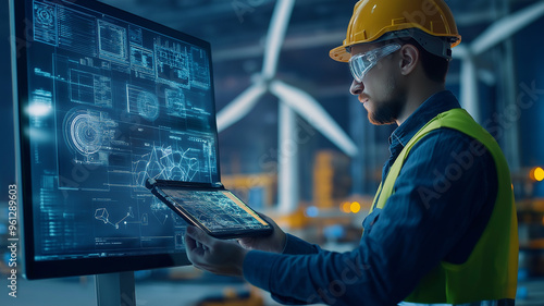 Technician in Full Safety Gear Inspecting Blades of a Towering Wind Turbine