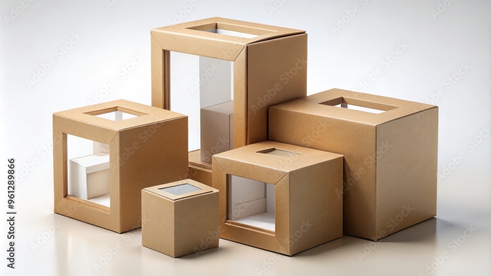 A cardboard box with transparent windows in various irregular shapes and sizes, sitting alone on a blank background. A cardboard box with transparent windows in various irregular shapes and sizes, sitting alone on a blank background.