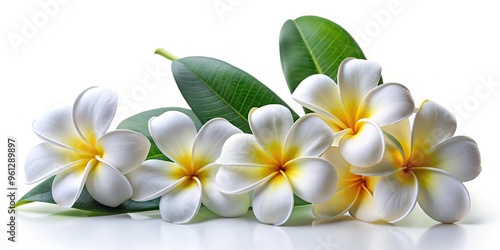 Asymmetrical frangipani plumeria white flowers on white background