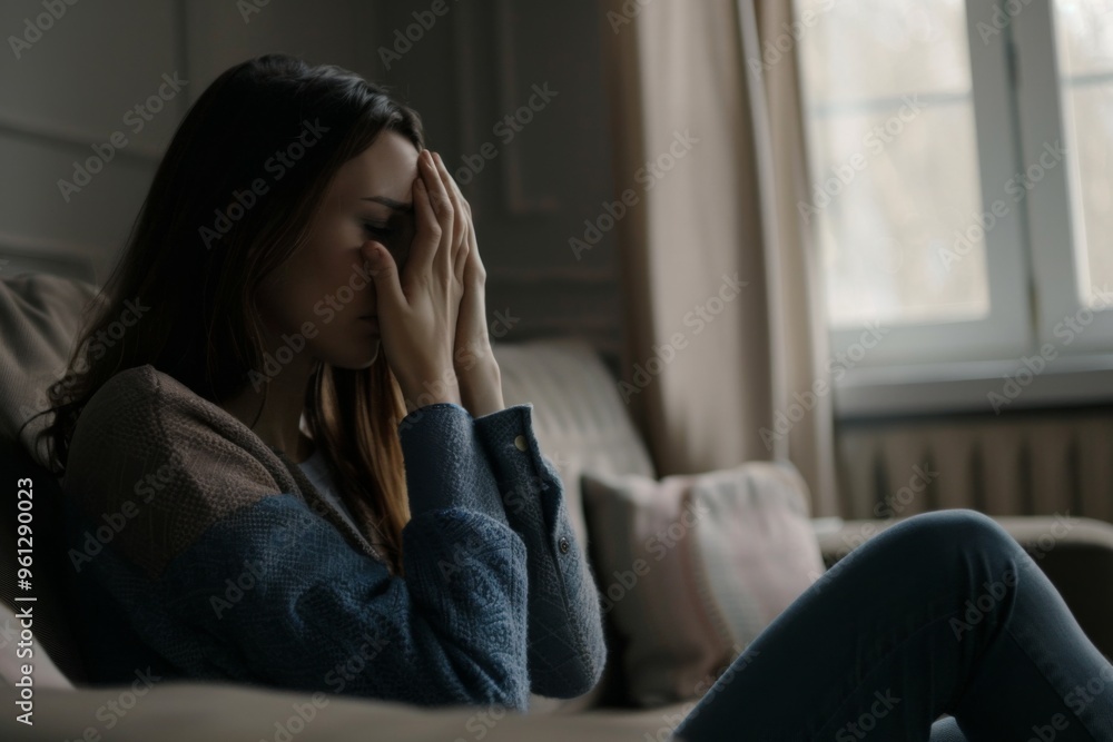 A lonely woman contemplates life on her couch, feeling the weight of her sadness and the struggle of her inner turmoil A lonely woman contemplates life on her couch, feeling the weight of her sadness and the struggle of her inner turmoil