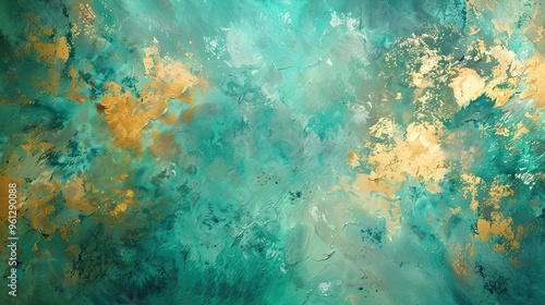 Turquoise and gold patches create a serene Post-Impressionist background with soft textures and light