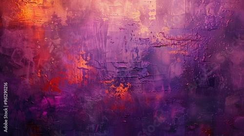 Vibrant purple and orange patterns with fine textures create a dynamic Post-Impressionist background