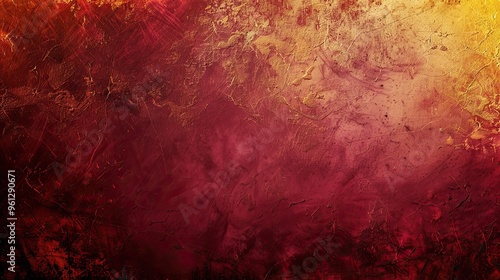 Dynamic maroon and yellow patterns with rough textures create a bold Post-Impressionist background