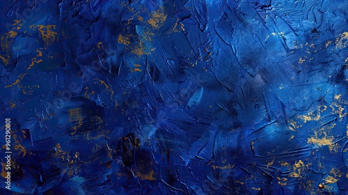 Blue and gold brushstrokes with textures and gradient transitions create a sophisticated backdrop