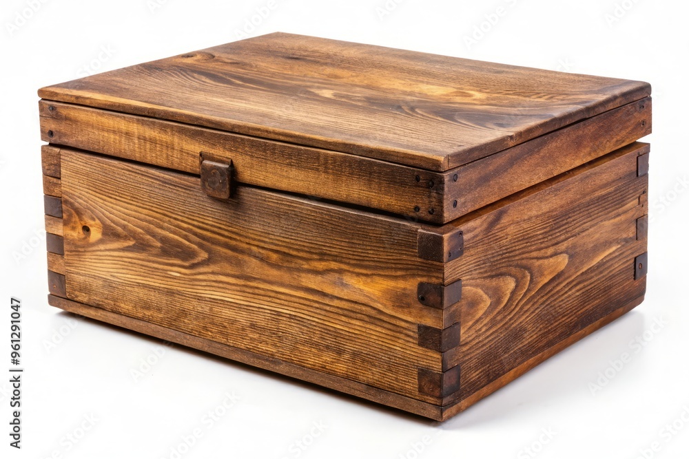 A charming rustic brown wooden box, elevated on a clean white surface, perfect for product presentation or packaging A charming rustic brown wooden box, elevated on a clean white surface, perfect for product presentation or packaging