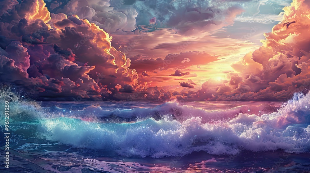 Fototapeta premium Background with a dramatic seascape crashing waves textured clouds and a glowing sunset reflection