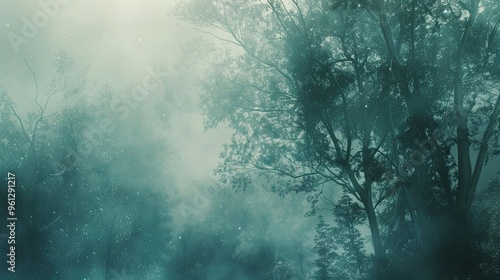 Background showcasing a misty forest scene with light filtering through the trees creating a peaceful mood