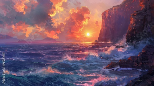 Backdrop showcasing a coastal cliffside with waves crashing and a vibrant sunset sky glowing light reflections