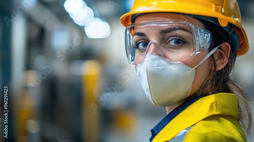 Female construction worker wearing safety gear and mask at industrial site