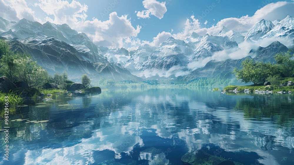 Background of an alpine lake with clear water reflecting snow-capped peaks and soft ambient light Background of an alpine lake with clear water reflecting snow-capped peaks and soft ambient light