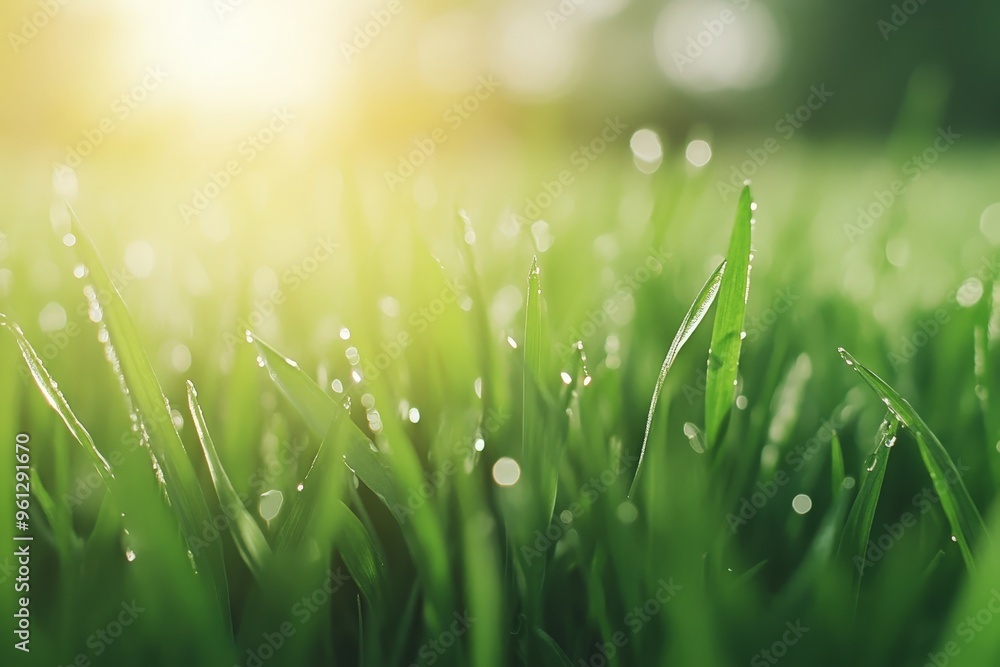 Fototapeta premium Morning Dew Sparkles on Lush Green Grass, Capturing Nature's Fresh Awakening in Soft Light