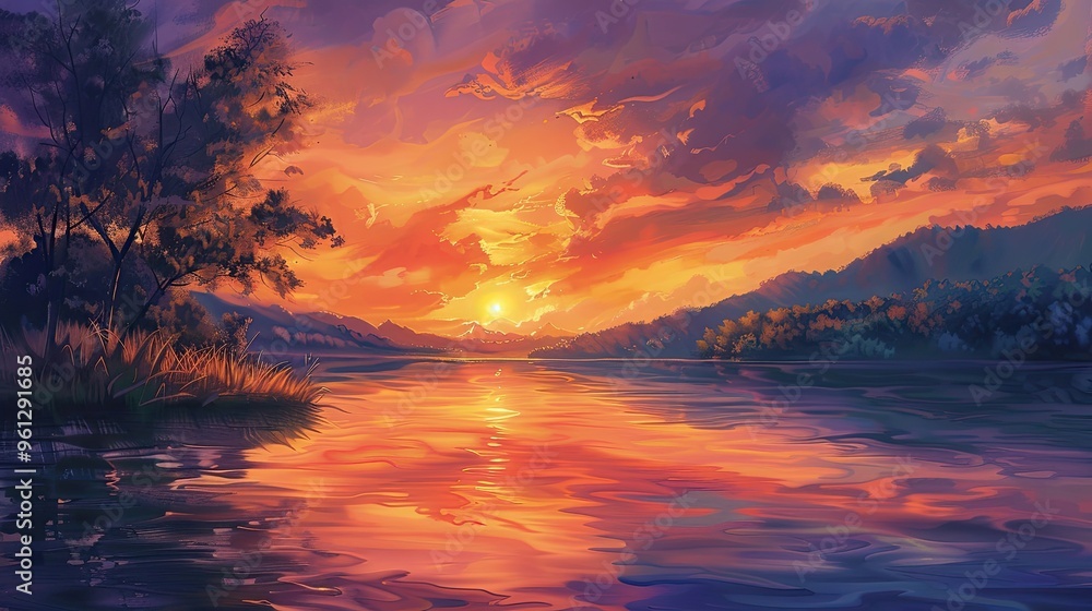 Background showcasing a calm river at sunset with warm colors blending into cool evening tones and reflections Background showcasing a calm river at sunset with warm colors blending into cool evening tones and reflections