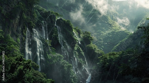 Background with a dramatic waterfall cascading cliffs and soft mist illuminated by ambient light