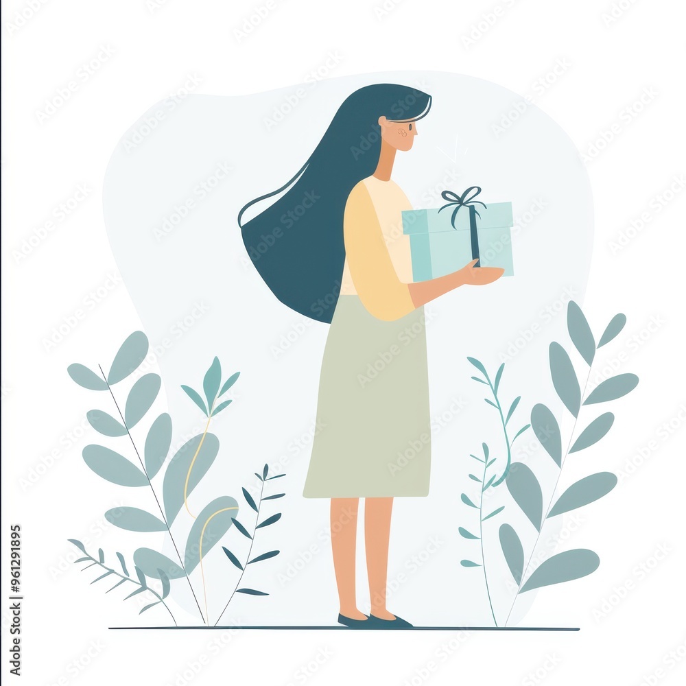 A simple flat illustration of a woman with a gift box, cute, minimalist, white background, pale color A simple flat illustration of a woman with a gift box, cute, minimalist, white background, pale color