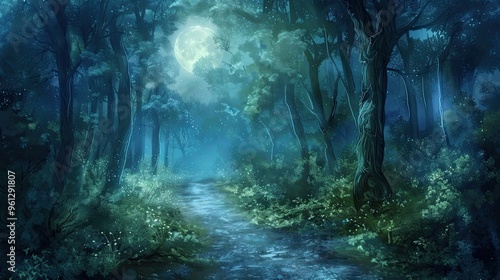 Background showcasing a moonlit path through a forest with dappled light and soft glowing mist photo