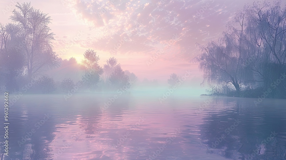 Wallpaper of a peaceful riverbank at dawn with pastel skies morning mist and delicate reflections on the water Wallpaper of a peaceful riverbank at dawn with pastel skies morning mist and delicate reflections on the water