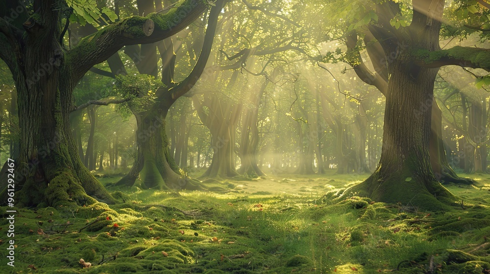 Obraz premium Backdrop showcasing an enchanted glade with ancient trees mossy ground and soft beams of light filtering through