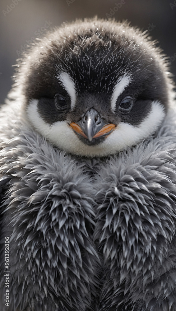 Obraz premium A heartwarming depiction of a small, fluffy penguin chick