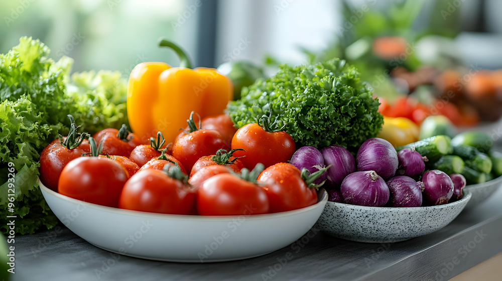 A vibrant display of fresh vegetables and greens on a table. A vibrant display of fresh vegetables and greens on a table.