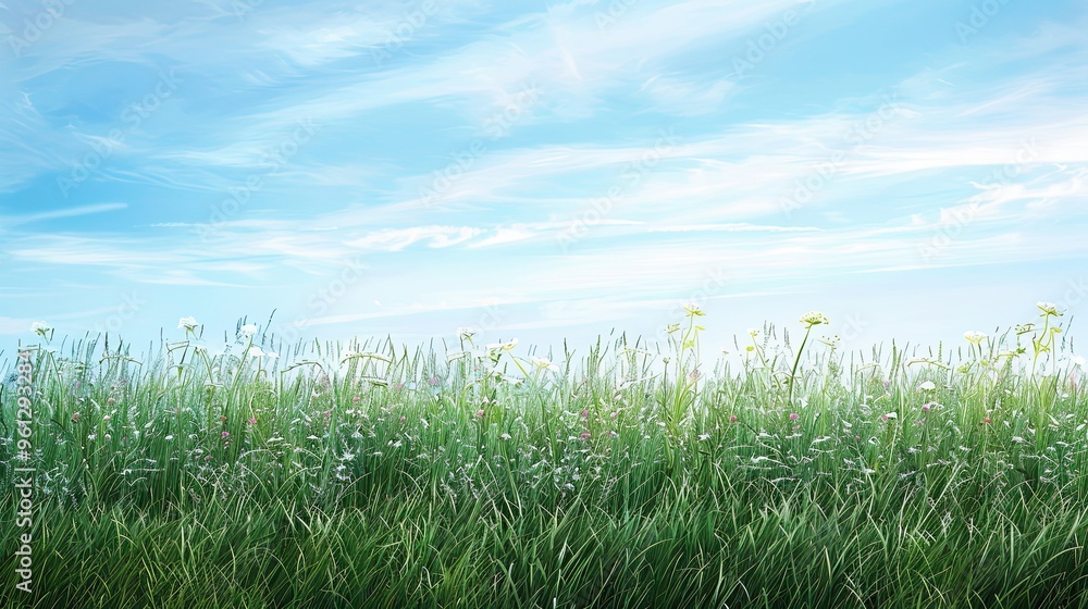 Fototapeta premium Background showcasing a meadow with tall grass swaying in the breeze wildflowers and a bright clear sky