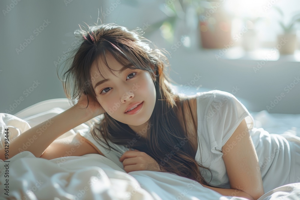 woman sitting on bed woman sitting on bed