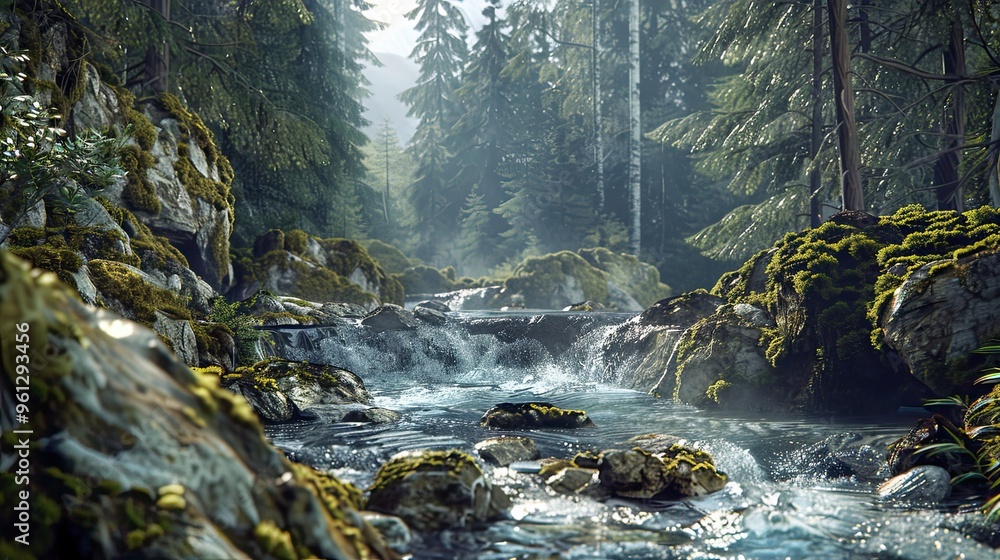 Background featuring a rocky mountain stream with clear rushing water moss-covered rocks and soft ambient light Background featuring a rocky mountain stream with clear rushing water moss-covered rocks and soft ambient light