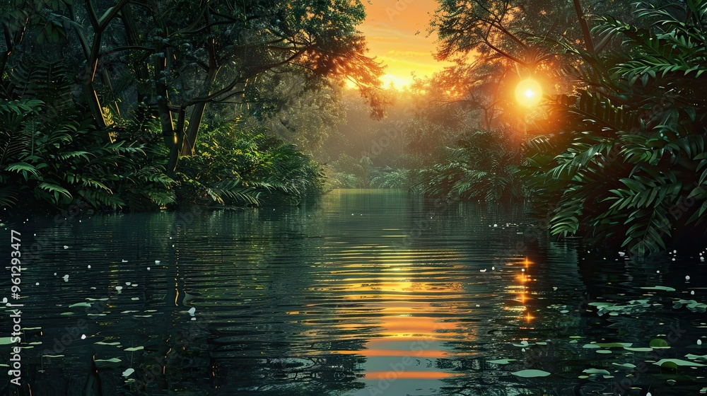 Backdrop showcasing a tranquil lake with green foliage detailed reflections and a soft glowing sunset Backdrop showcasing a tranquil lake with green foliage detailed reflections and a soft glowing sunset