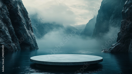 a cinematic advertisement shot of blank round stage podium in dark mountain and blue water, dark nature background
