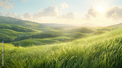 Calm countryside background with hills grass and a clear blue sky