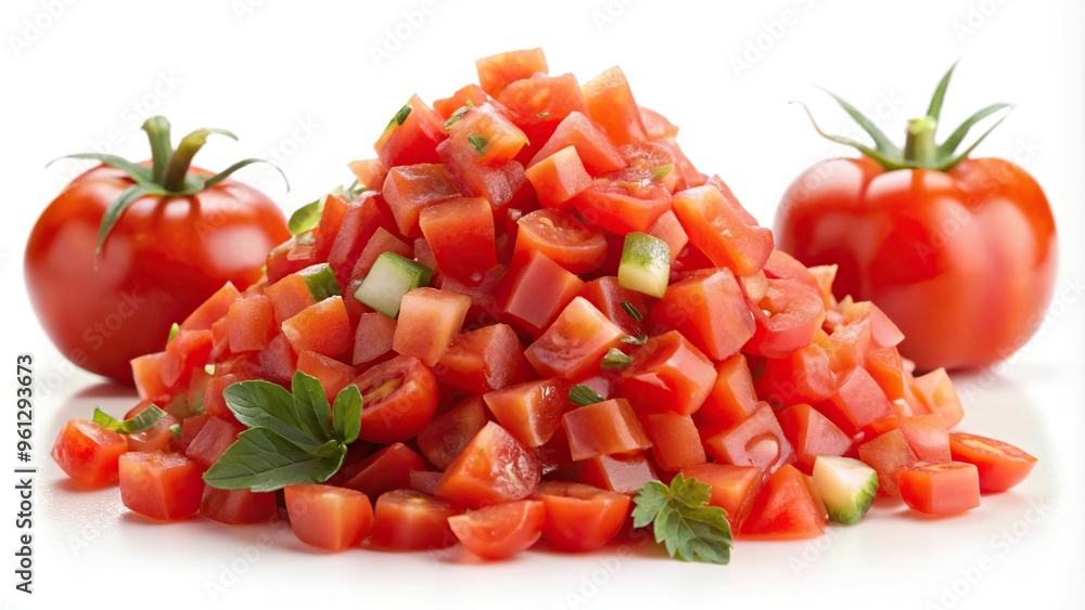 Asymmetrical pile of finely chopped tomato on white background Asymmetrical pile of finely chopped tomato on white background