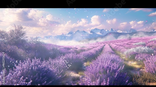 Backdrop of a lavender field in full bloom under a clear sky with soft diffused light photo