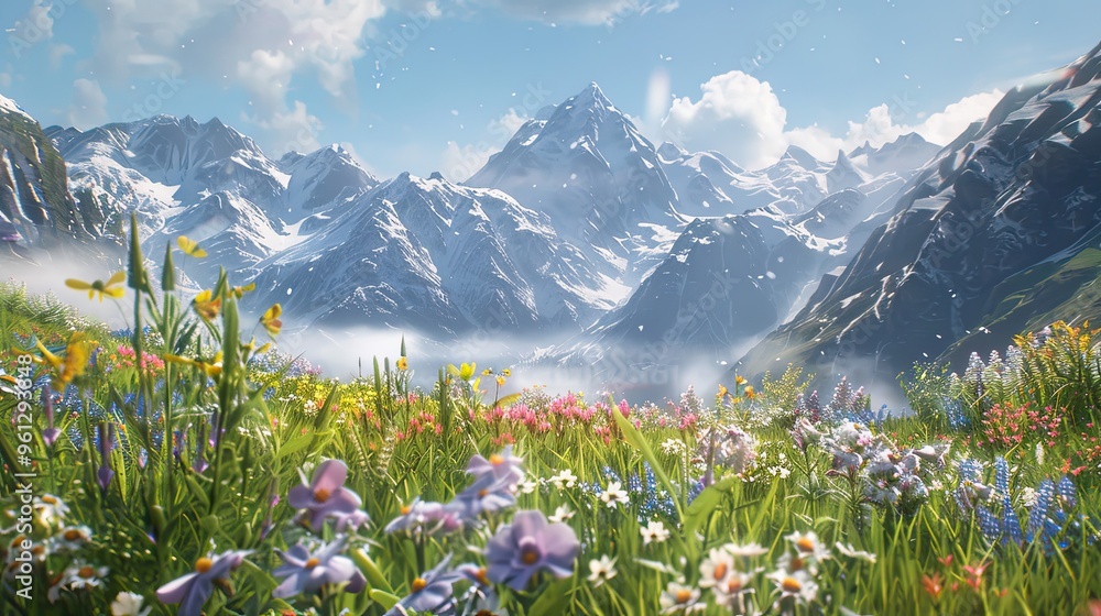 Obraz premium Alpine meadow backdrop with blooming wildflowers and mountain peaks in the distance