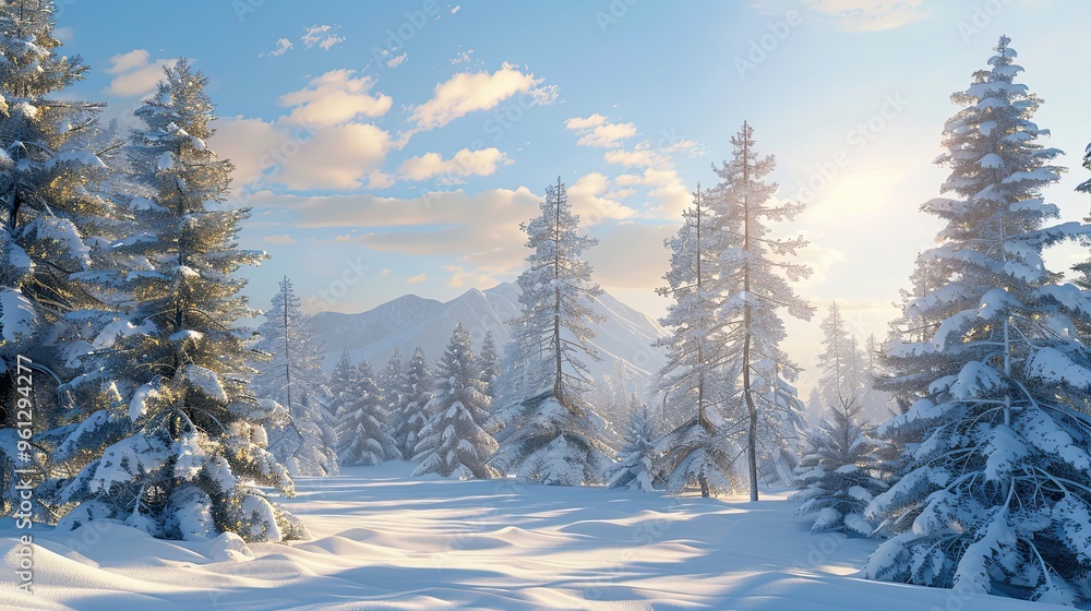 Snowy winter landscape wallpaper with pine trees and soft shadows under a blue sky Snowy winter landscape wallpaper with pine trees and soft shadows under a blue sky