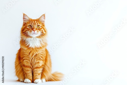 A cat with orange fur is sitting on a white background. The cat has a curious expression on its face , ai