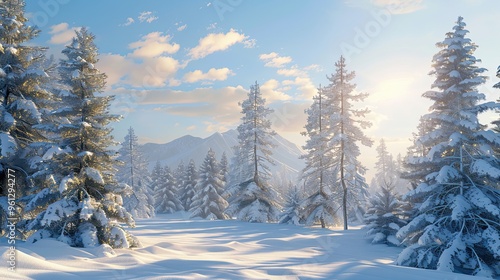 Snowy winter landscape wallpaper with pine trees and soft shadows under a blue sky