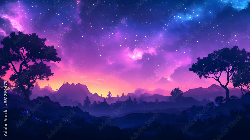 Enchanted Forest Illustration - Purple Sunset, Silhouettes, and a Starry Sky Enchanted Forest Illustration - Purple Sunset, Silhouettes, and a Starry Sky