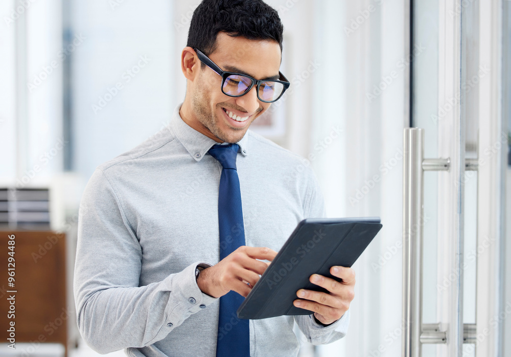 Businessman, tablet and reading news in office, typing email and trader to check stock exchange. Male person, professional accountant and online for economy update, networking and finance with tech Businessman, tablet and reading news in office, typing email and trader to check stock exchange. Male person, professional accountant and online for economy update, networking and finance with tech
