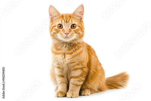 A cat with orange fur is sitting on a white background. The cat has a curious expression on its face , ai