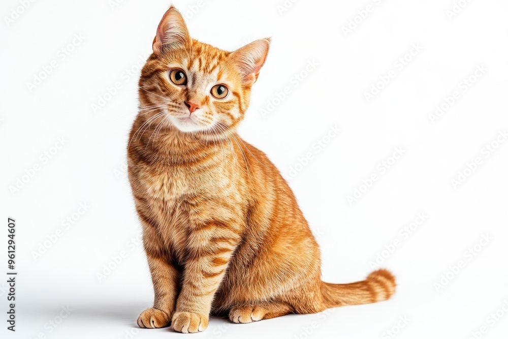 A cat with orange fur is sitting on a white background. The cat has a curious expression on its face , ai A cat with orange fur is sitting on a white background. The cat has a curious expression on its face , ai