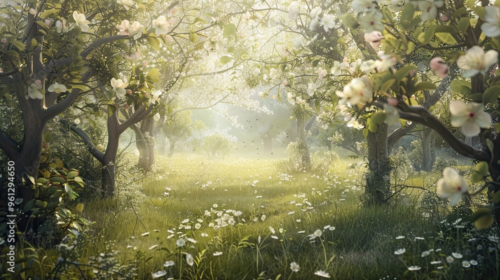 Backdrop of a tranquil orchard in full bloom with blossoms and diffused sunlight Backdrop of a tranquil orchard in full bloom with blossoms and diffused sunlight