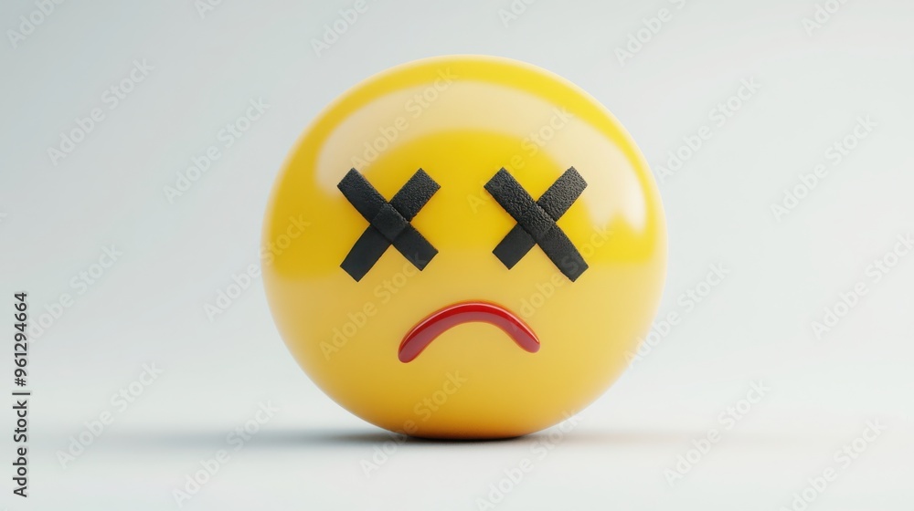 Obraz premium A 3D cartoon emoji with a stitched mouth and X-shaped eyes, showing a mix of exhaustion and silence, on a white background 