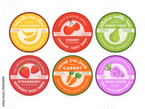 Assorted labels for deliciously dried fruit snacks featuring natural flavors and colorful designs, ideal for healthy on-the-go eating