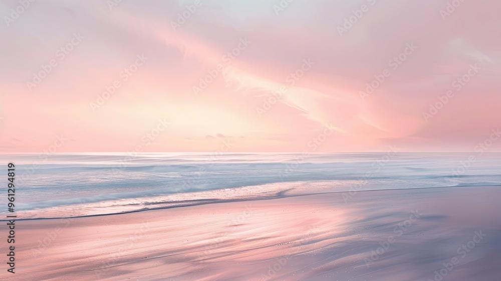 Background of a peaceful beach at dawn with wet sand gentle waves and pastel sky Background of a peaceful beach at dawn with wet sand gentle waves and pastel sky