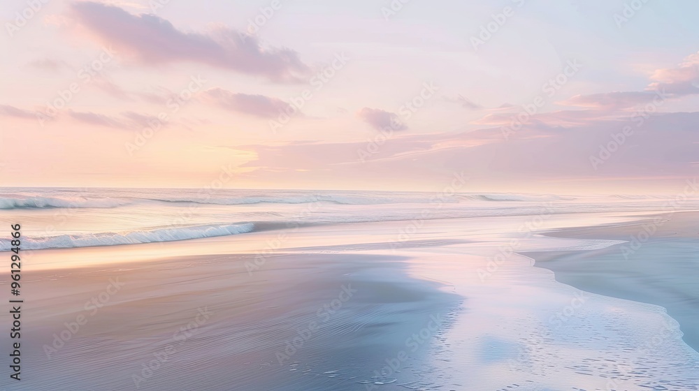 Dawn beach scene with smooth sand gentle waves and pastel-colored sky in background Dawn beach scene with smooth sand gentle waves and pastel-colored sky in background