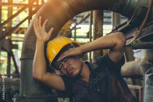 Exhausted engineer struggling with fatigue amidst challenging conditions in a hot, poorly ventilated factory environment