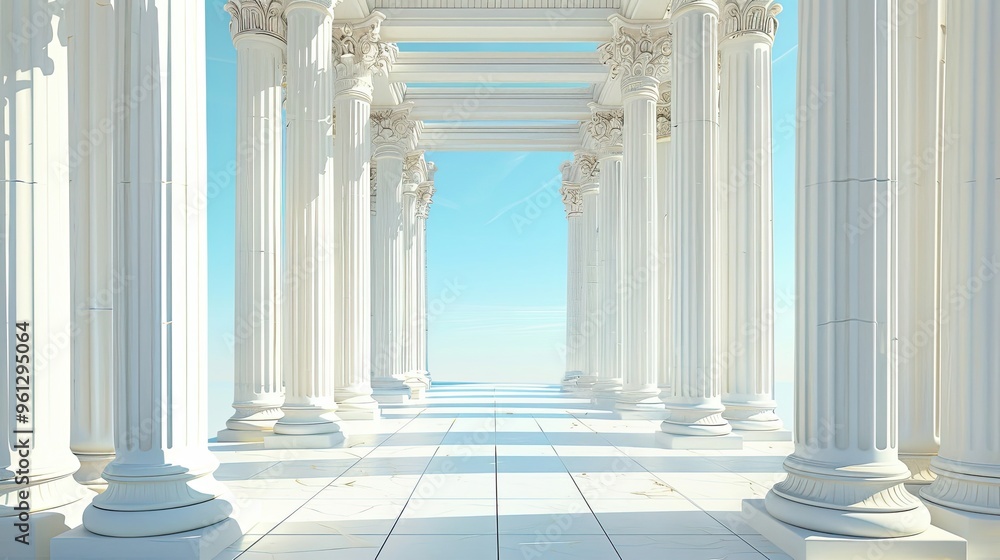 Backdrop of a classical colonnade with intricate capitals and soft shadows under clear sky Backdrop of a classical colonnade with intricate capitals and soft shadows under clear sky