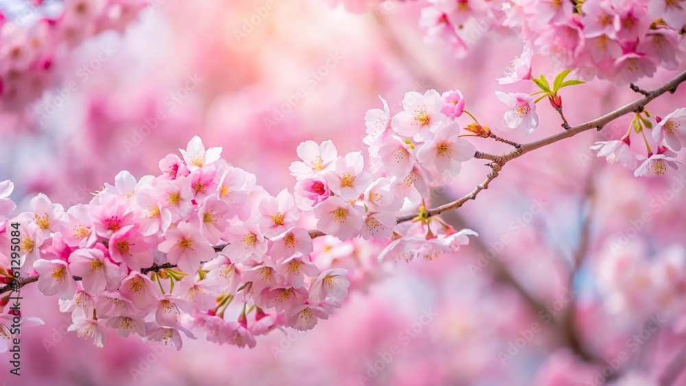 Asymmetrical soft pink cherry blossoms against a serene backdrop Asymmetrical soft pink cherry blossoms against a serene backdrop