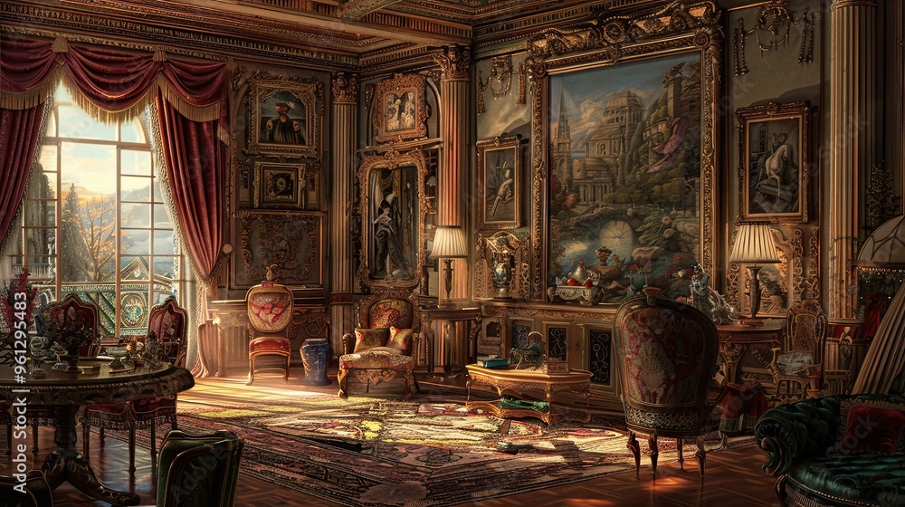 Obraz premium Wallpaper of a richly decorated salon with tapestries ornate furniture and warm ambient light