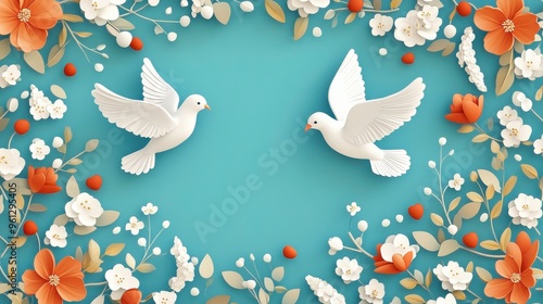 White doves soar elegantly over the snow, with a red rose and heart featured in the background. 