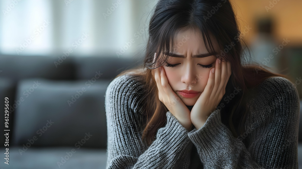 A woman appears distressed, resting her face in her hands. A woman appears distressed, resting her face in her hands.